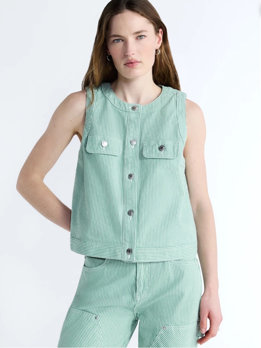 Walmart Free Assembly Sleeveless White and Green Stripe Denim Sleeveless Top